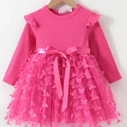 Kookie Kids Full Sleeves Solid Colour Party Frock With Bow & Butterfly Applique - Dark Pink-picture-30