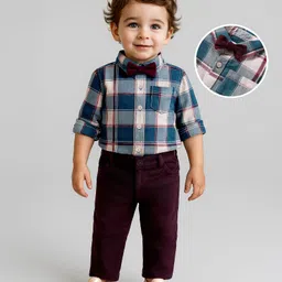 Babyoye Cotton Woven Full Sleeves Checkered Shirt & Trouser Set With Bow - Dark Green-picture-29