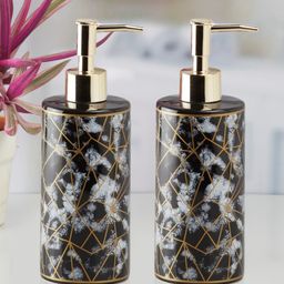 KOOKEE Ceramic Soap Dispenser for handwash for Bathroom, Black/Gold, (Set of 2) (10933)-23