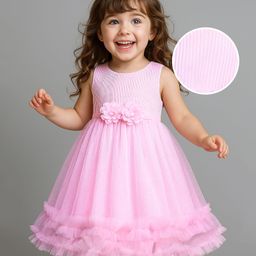 Babyhug Woven Sleeveless Party Dress With Frills On Hem & Floral Applique - Pink-picture-29