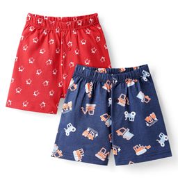 Honeyhap Premium Cotton Knit Boxers With Star & Construction Vehicle Print Pack Of 2 - Risk Red & Navy Peony-14