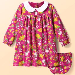 Babyhug Cotton Knit Full Peasant Sleeves Peter Pan Collared Frock with Bloomer & Floral Print - Dark Pink-image-44
