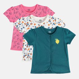 MINI KLUB Cotton Pack Of 3 Half Sleeves Floral & Birds Printed Jhablas - Pink White & Teal Blue-image-30
