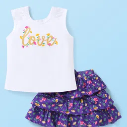 Babyhug Single Jersey Knit Sleeveless Tank Top & Skirt with Floral Print & Love Text Print - White & Purple-picture-39