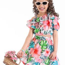OLLINGTON ST. Georgette Half Sleeves Top& Skirt Set with Tropical Print - Pink & Green-picture-21