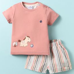 First Smile Sinker Knit Half Sleeves T-Shirt & Striped Shorts Set With Toys Embroidery - Pink-image-106