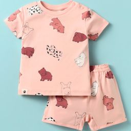 Ollypop Sinker Knit Half Sleeves Co-ords Shorts Night Wear With Animal Print - Peach-image-26