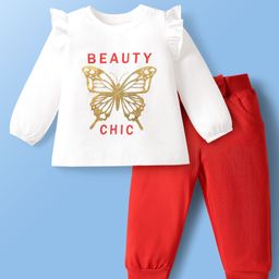 Doodle Poodle 100% Cotton Full Sleeve Butterfly Paris Theme Printed T-Shirt & Lounge Pant Set - Red & White-picture-13
