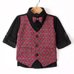 Dapper Dudes Full Sleeves Solid Shirt With Attached Abstract Printed Waistcoat & Bow Set - Red-picture-5