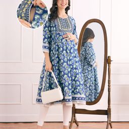 Bella Mama Viscose Woven Three Fourth Sleeves Ethnic Maternity Kurta with Yoke Embroidery & Floral Print - Blue-picture-14