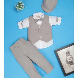 Rikidoos Full Sleeves Checked 3 Piece Party Suit Set With Bow & Cap - Beige & White-picture-41