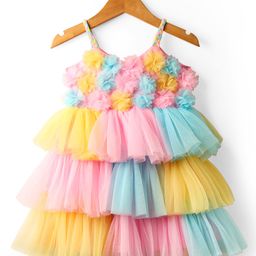 Babyhug Mesh Woven Sleeveless Fit & Flare Party Dress with Floral Applique - Pink Yellow & Blue-image-69