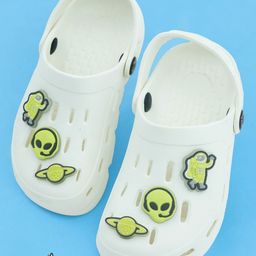 Yellow Bee Solid Perforated Clogs With Alien & Space Charms - White-image-57