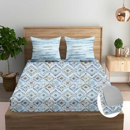 Trance Home Linen Silken Mosaic Blue Cotton 180TC 72x60 inch Fitted Bedsheet 2 Pillow Covers-14