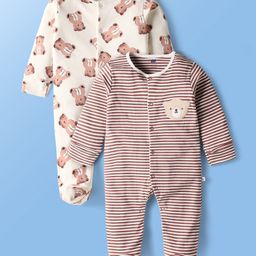 Simply Interlock Knit Full Sleeves Bear Printed Front Open Footed Sleepsuit Pack Of 2 - Multi Colour-picture-25