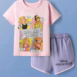 Pine Kids Disney Single Jersey Knit Half Sleeves Shorts Night Suit with Disney Princess Graphics - Pink & Lilac-picture-28