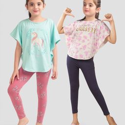 Plum Tree Soft Cotton Knit Pack Of 2 Half Batwing Sleeves Unicorn & Always Fearless Glitter Text Printed Tops With Leggings Set - Multi Colour-image-93