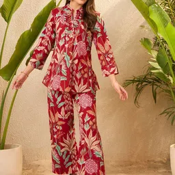 IMANA Floral Printed Pure Cotton Mandarin Collared Top With Palazzos Co-Ords-image-39