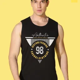 WOOSTRO Pack Of 2 Printed Combed Cotton Gym Vests VWS26(BKLN YELLOW)(98 BLACK)-26