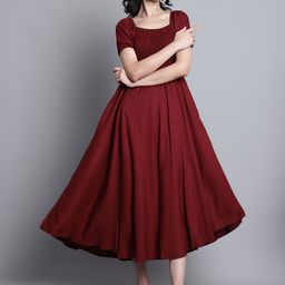 Aawari Women Solid Square Neck Puff Sleeves Fit And Flare Dress-image-98