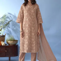 Anouk Women Floral Embroidered Regular Thread Work Pure Cotton Kurta with Trousers & With Dupatta-picture-12