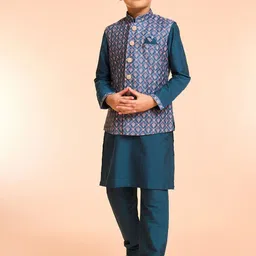 Manyavar Boys Mandarin Collar Art Silk Kurta With Pyjamas & Nehru Jacket-image-96