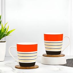 UPC White & Red 2 Pieces Striped Printed Dishwasher Safe Ceramic Glossy Mugs-9
