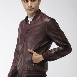 The Indian Garage Co Men Burgundy Solid Biker Jacket-picture-51