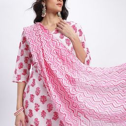 HERE&NOW Floral Print Cotton Kurta with Trousers & With Dupatta-picture-14