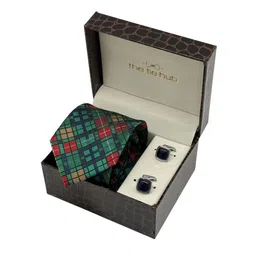 The Tie Hub Men Checkered Necktie with Blue Square Cufflinks Accessory Gift Set-image-26