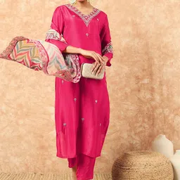 NIZA FASHION Women Ethnic Motifs Embroidered V-Neck Regular Kurta with Trousers & Dupatta-picture-2