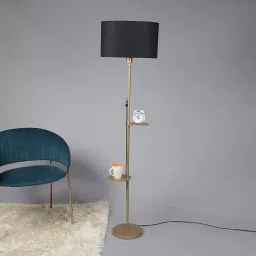Sanded Edge Double Shelf Gold Color Metal Base Floor Lamp in Black Color Oval Shape Shade image 3