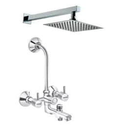 Gold Bell Flora Brass 3 In 1 Wall Mixer Set with 203X203 mm(8X8 Inch) SS Ultra Overhead 381 mm(15 Inch) SS Arm Hand Shower, 3-1-Siya-Flora-8U-15A-64-48
