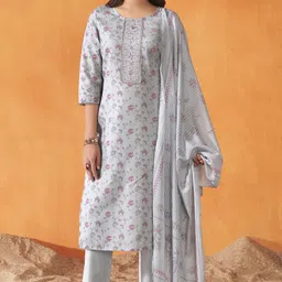 Anouk Floral Printed Thread Work Straight Kurta with Trousers And Dupatta-13