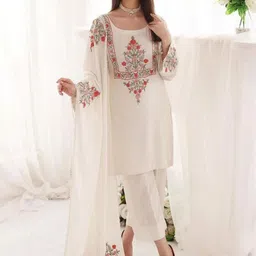 KALINI Floral Yoke Design Round Neck Georgette Straight Kurta With Trousers And Dupatta-picture-29