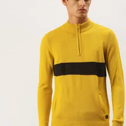 Flying Machine Men Mustard Yellow & Black Colourblocked Pullover Sweater-image-25