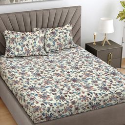 FABINALIV Off White & Blue Floral 300 TC King Bedsheet with 2 Pillow Covers-image-20