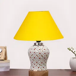 Devansh Yellow & White Printed Frustum Shaped Wooden Table Lamp image 3
