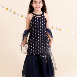 Pspeaches Sleeveless Floral Motif Foil Printed Kurta Sharara Set - Navy Blue-image-53