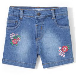 ToffyHouse Cotton Denim Mid Thigh Length Stretchable Shorts Floral Embroidery- Blue-image-51