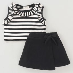 CrayonFlake Sleeveless Frilled Candy Striped Top With Skort Set - Black-image-54