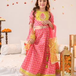 Pspeaches Half Sleeves Motif Printed Gota Patti Detailed Lehenga Choli With Dupatta - Pink-image-6