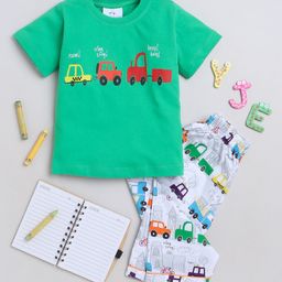 Knitting Doodles Premium Cotton Half Sleeves Car Printed Tee & Pajama Night Suit - Green & White-image-51