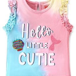Babyhug Cotton Knit Sleeveless Tie & Dye Top with Text Print & Sequins- Pink & Blue-image-78
