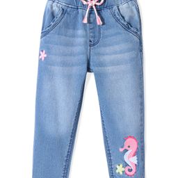 Babyhug Denim Washed  Full Length Stretchable  Jeans with Star & Seahorse Embroidery -Blue-image-74