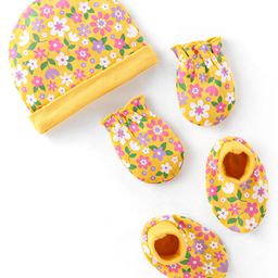 Babyhug Interlock 100% Cotton Knit Cap Mittens & Booties Set Floral Print - Yellow-image-42
