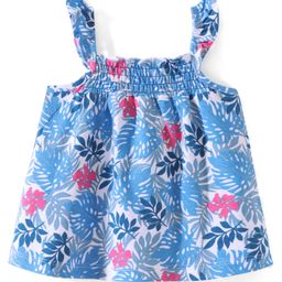 Babyhug Cotton Knit Sleeveless Top with Smocking & Floral Print - Blue-image-50
