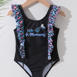 Kookie Kids V Cut Swimsuit with Text Print Frill Detailing - Black-image-88