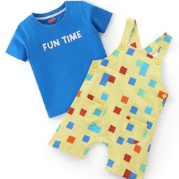 Babyhug Single Jersey Knit Blocks Printed Dungaree with Half Sleeves T-Shirt - Yellow & Blue-image-34