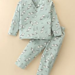 Ollypop Sinker Knit Full Sleeves Front Open Night Suit with Skateboard & Text Print - Light Green-image-85